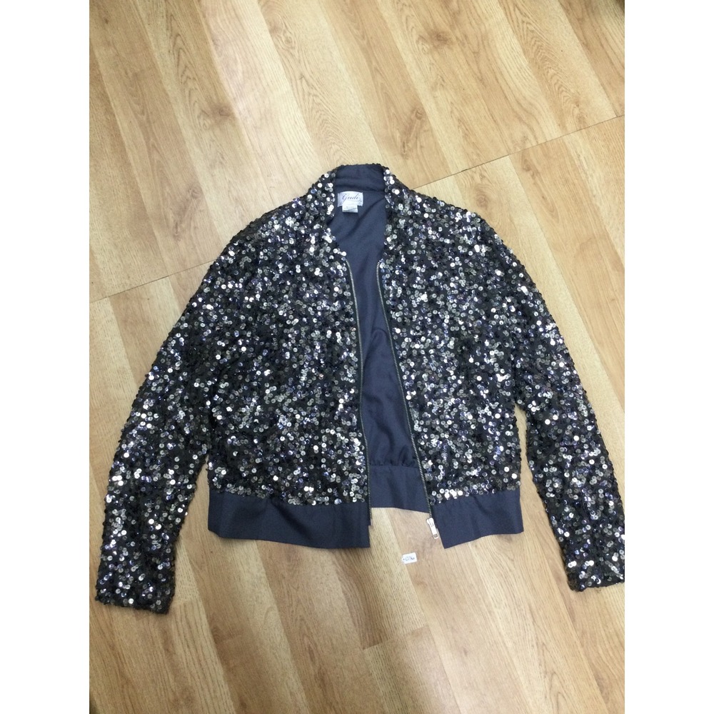 Gudi Women Silver Black Sequin Bomber Jacket Full Zip Party Holiday Size 8
